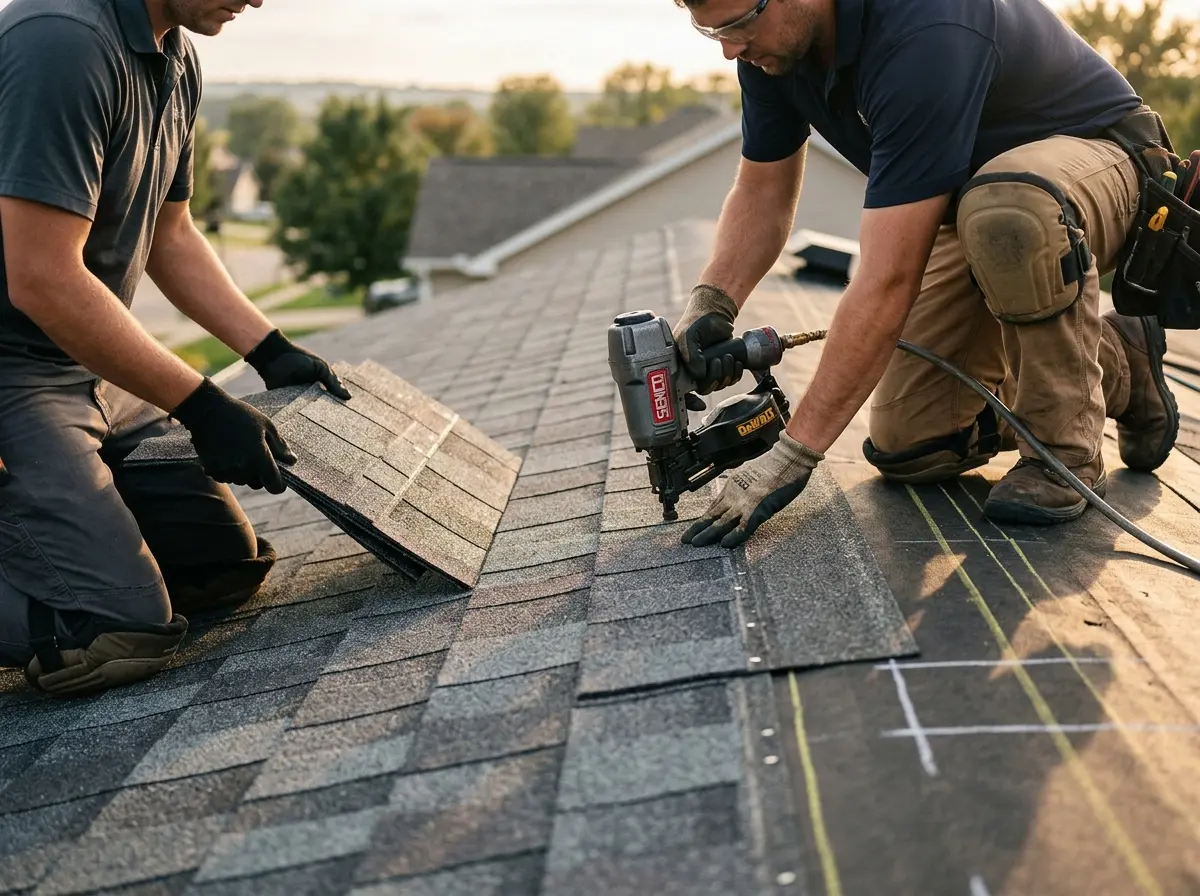 Professional roofer working on a residential roof in Gates